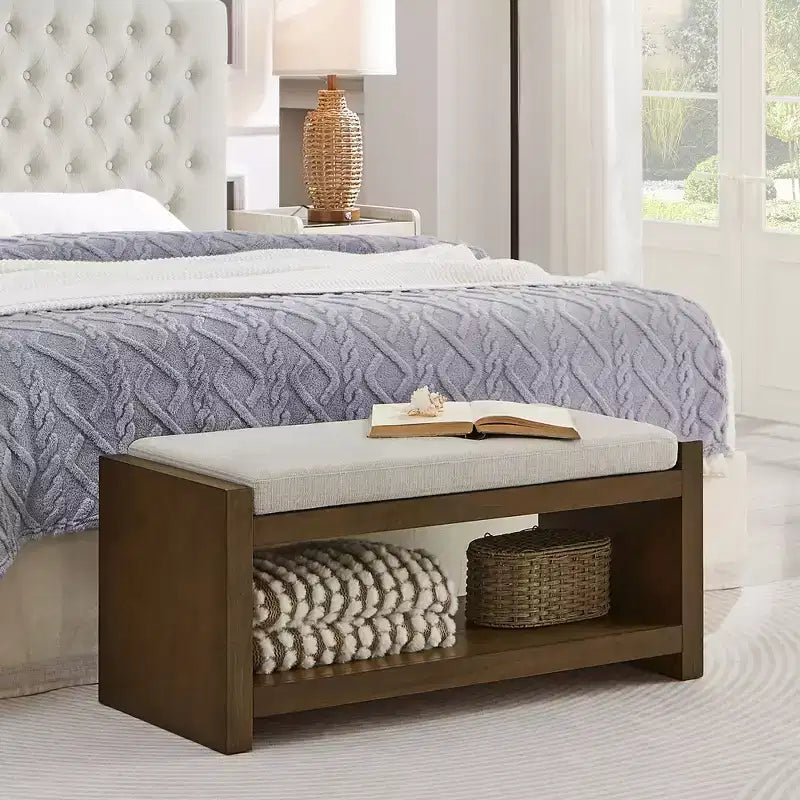 40/47W Upholstered Accent Bench with Removable Cushion and Lower Shoe Rack, Modern Bed End Storage Bench for Living Room - ModernLuxe