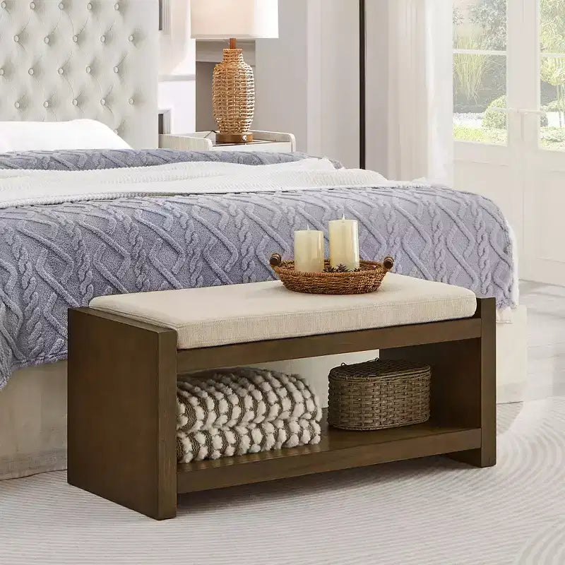 Banc d'appoint rembourré 40/47W avec coussin amovible et étagère à chaussures inférieure, lit moderne