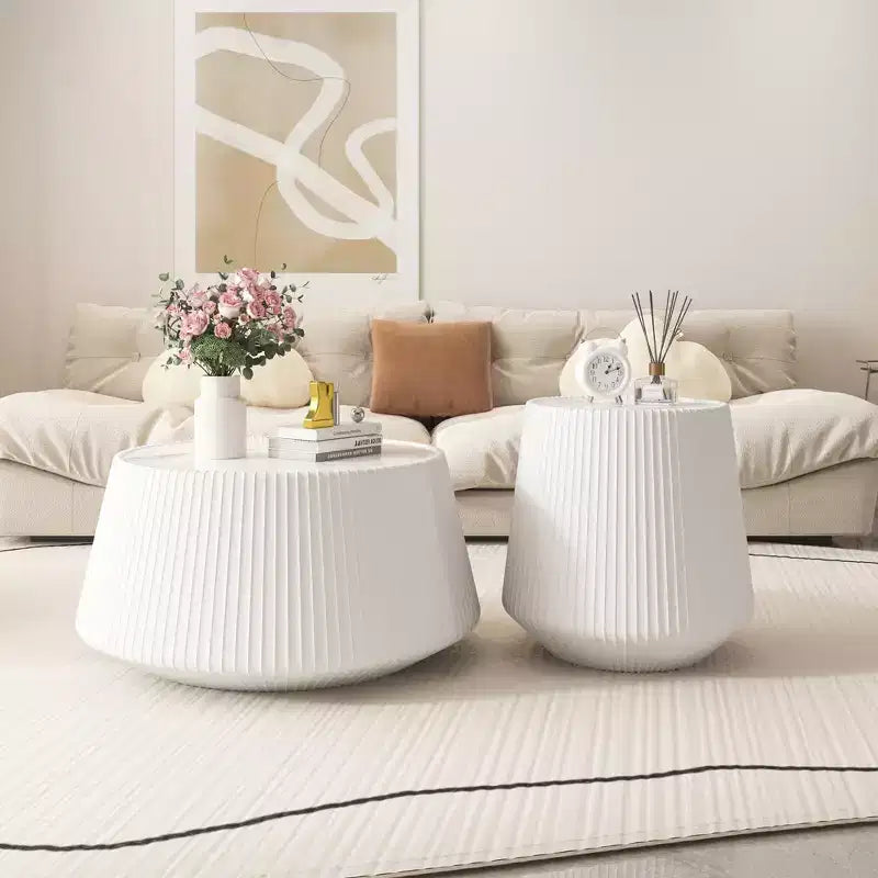 Table basse en cuir de forme ronde avec plateau en pierre frittée