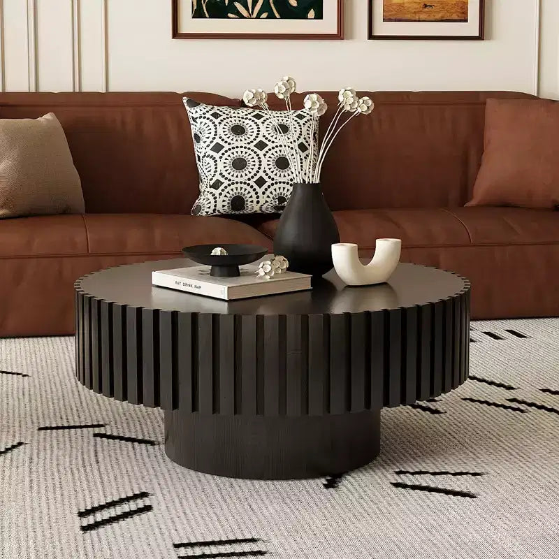 Round Coffee Table with Handcrafted Olive-Shaped Relief and Sturdy Pedestal Base