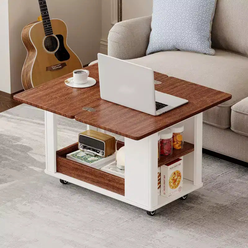 JVNOXK 27.6-inch Modern Multifunctional Coffee Table, Multi-Tier Storage Side Table with Foldable Top and Smooth Casters, White and Walnut