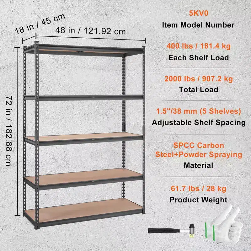 Étagère de rangement, 5 niveaux ajustables, capacité de 2000 lb, usage intensif pour garage