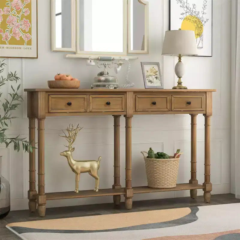 Console rustique de 58 po avec deux tiroirs et une étagère, canapé vintage