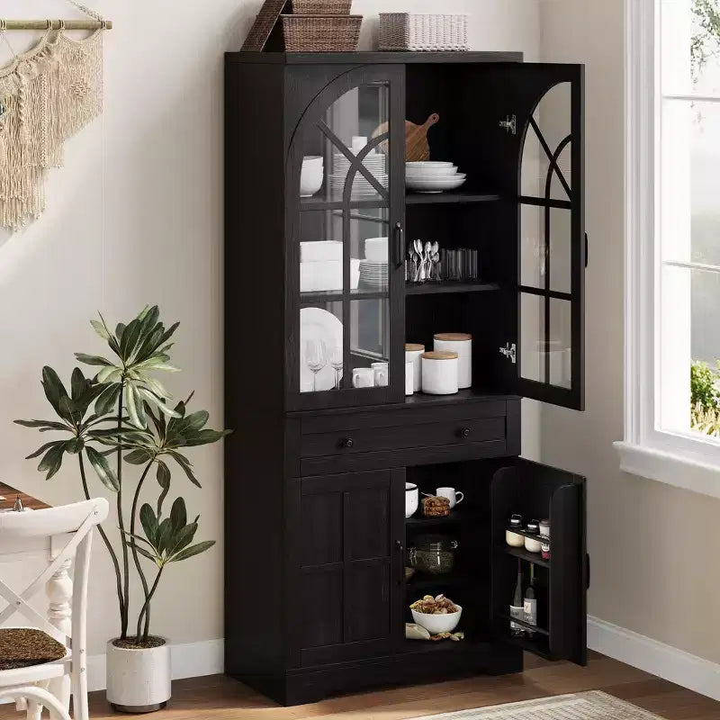 Farmhouse 72 Tall Kitchen Pantry Cabinet with Arched Glass Doors & Adjustable Shelves