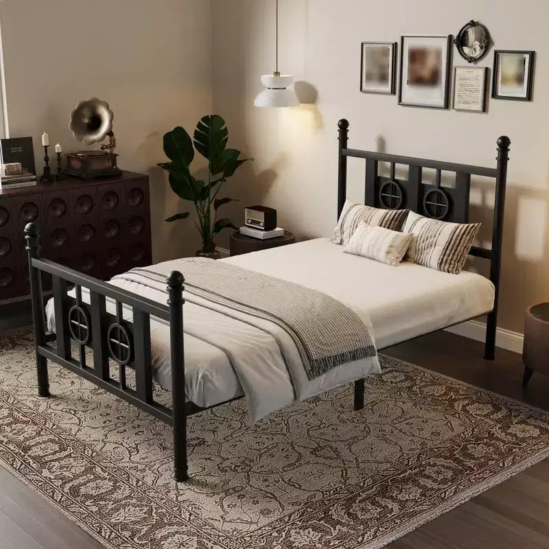 Vintage Circular Metal Platform Bed Frame with Headboard, Rock-Solid Steel Support, Under-Bed Storage, Easy 30-Min Assembly
