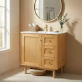 JVNOXK 30-inch Rustic Modern Ceramic Vanity Cabinet with 3 Drawers and 1 Large Soft-Close Door, Storage Cabinet, Natural Wood Grain