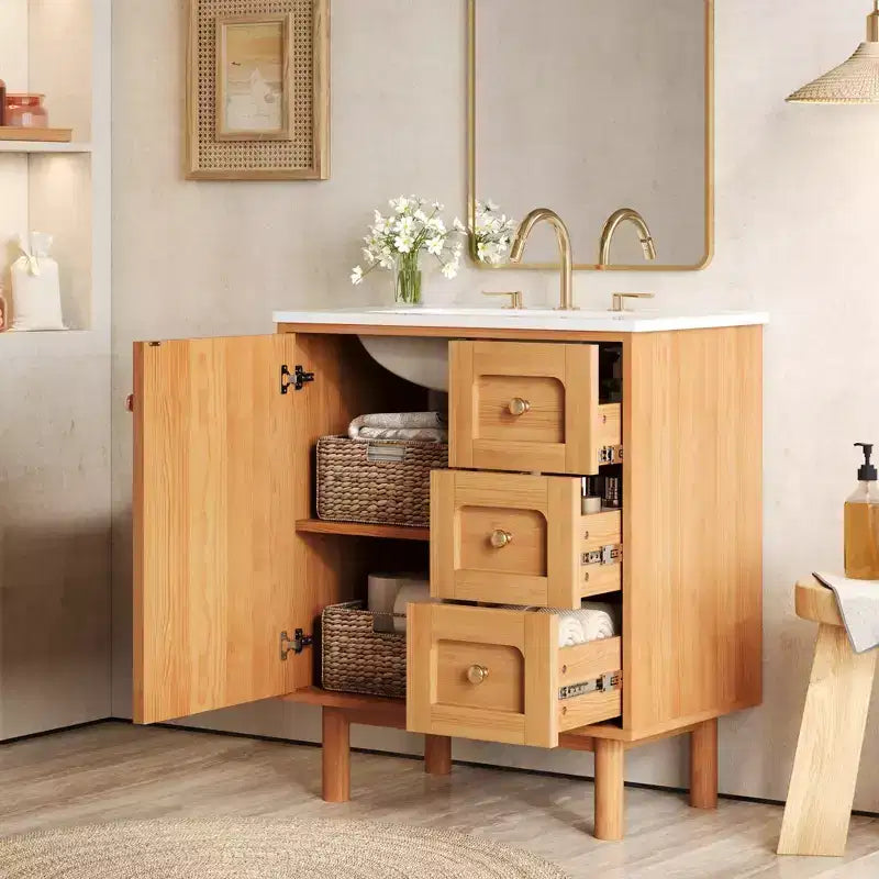 Meuble-lavabo rustique moderne en céramique de 30 po avec 3 tiroirs et 1 grande porte à fermeture amortie