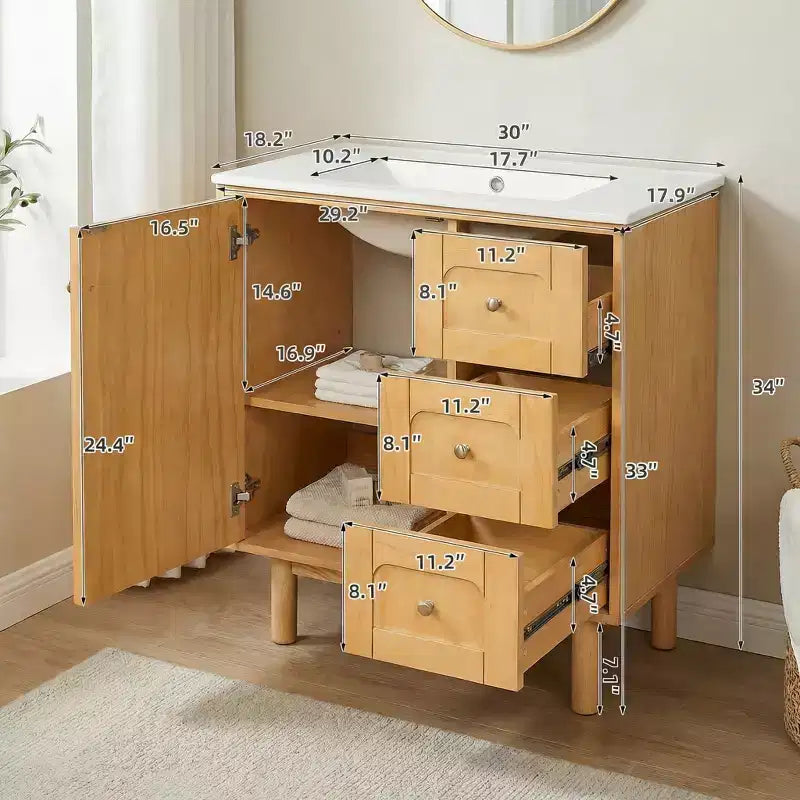 Meuble-lavabo rustique moderne en céramique de 30 po avec 3 tiroirs et 1 grande porte à fermeture amortie