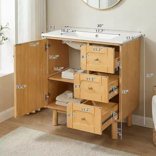Meuble-lavabo rustique moderne en céramique de 30 po avec 3 tiroirs et 1 grande porte à fermeture amortie
