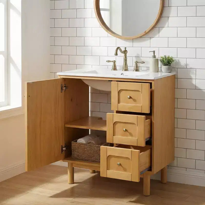 Meuble-lavabo rustique moderne en céramique de 30 po avec 3 tiroirs et 1 grande porte à fermeture amortie