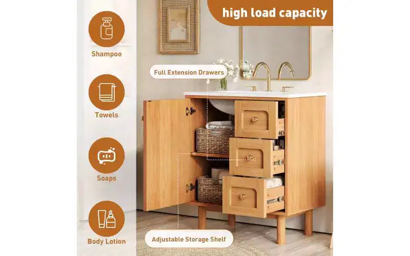 Meuble-lavabo rustique moderne en céramique de 30 po avec 3 tiroirs et 1 grande porte à fermeture amortie
