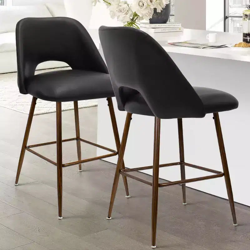 Set of 2 Mid-Century Faux Leather Counter Height Bar Stools, 26 Kitchen Island Chairs with Walnut Finish Metal Legs - Panipeachy