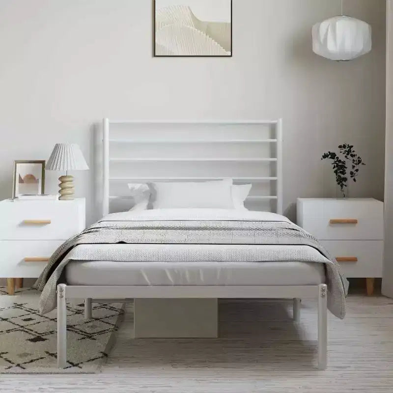 Cadre de lit en métal avec tête de lit et lattes, sans matelas