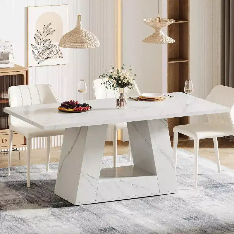 Lantine Dining Table for 4 to 6 People, 63 Rectangular Modern Wooden Faux Marble Dinner Table with Sturdy Base for Kitchen, Living Room
