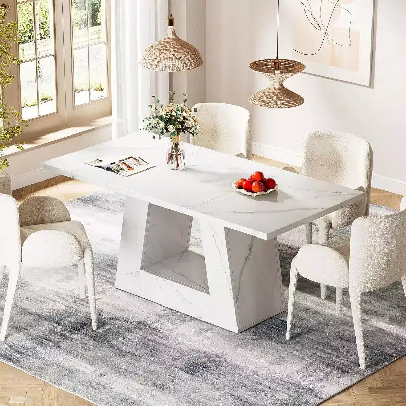 Table à manger pour 4 à 6 personnes, table à dîner rectangulaire moderne en bois et faux marbre de 160 cm