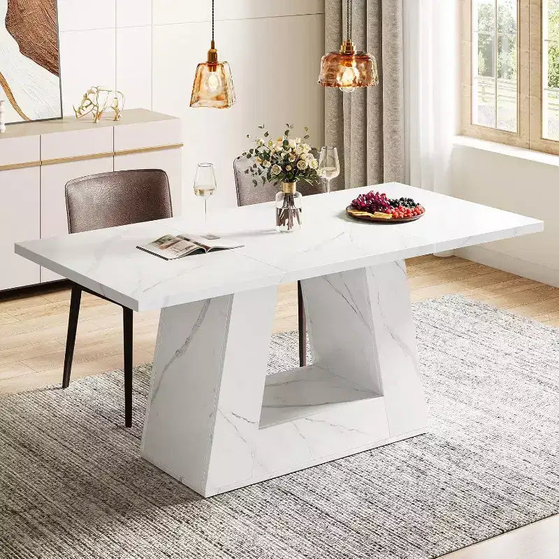 Table à manger pour 4 à 6 personnes, table à dîner rectangulaire moderne en bois et faux marbre de 160 cm