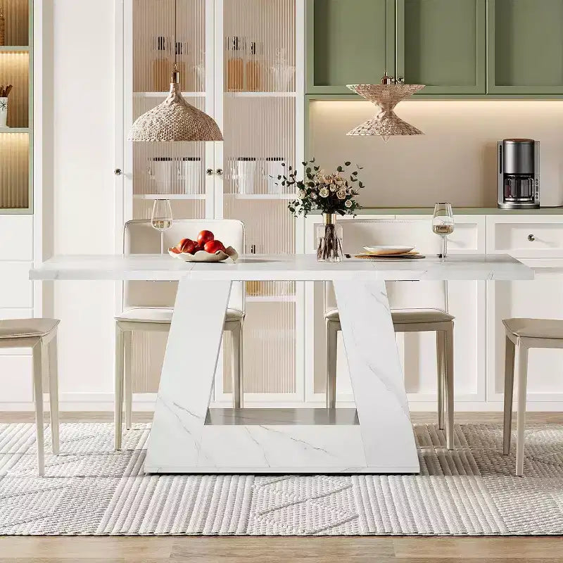 Table à manger pour 4 à 6 personnes, table à dîner rectangulaire moderne en bois et faux marbre de 160 cm