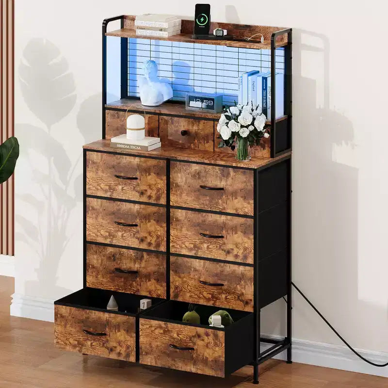 Commode, commode élégante avec 11 tiroirs en tissu, station de charge intégrée