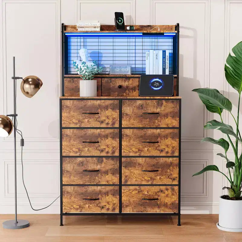 Commode, commode élégante avec 11 tiroirs en tissu, station de charge intégrée