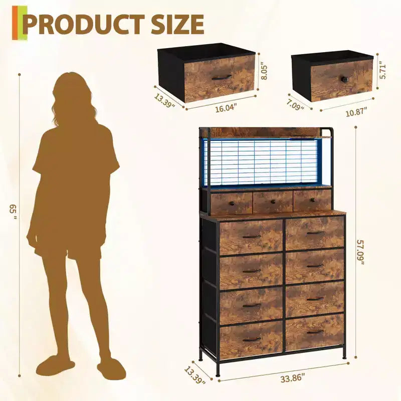 Commode, commode élégante avec 11 tiroirs en tissu, station de charge intégrée