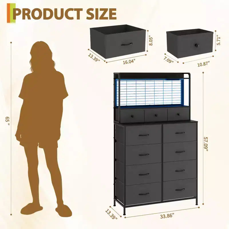 Commode, commode élégante avec 11 tiroirs en tissu, station de charge intégrée