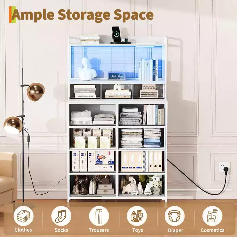 Commode, commode élégante avec 11 tiroirs en tissu, station de charge intégrée