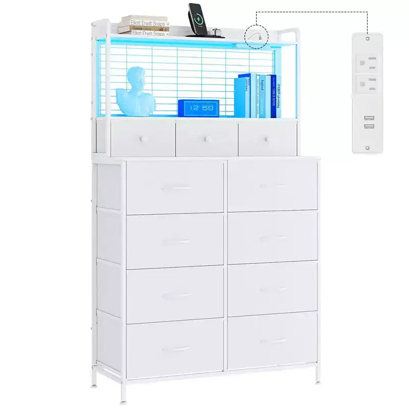 Commode, commode élégante avec 11 tiroirs en tissu, station de charge intégrée