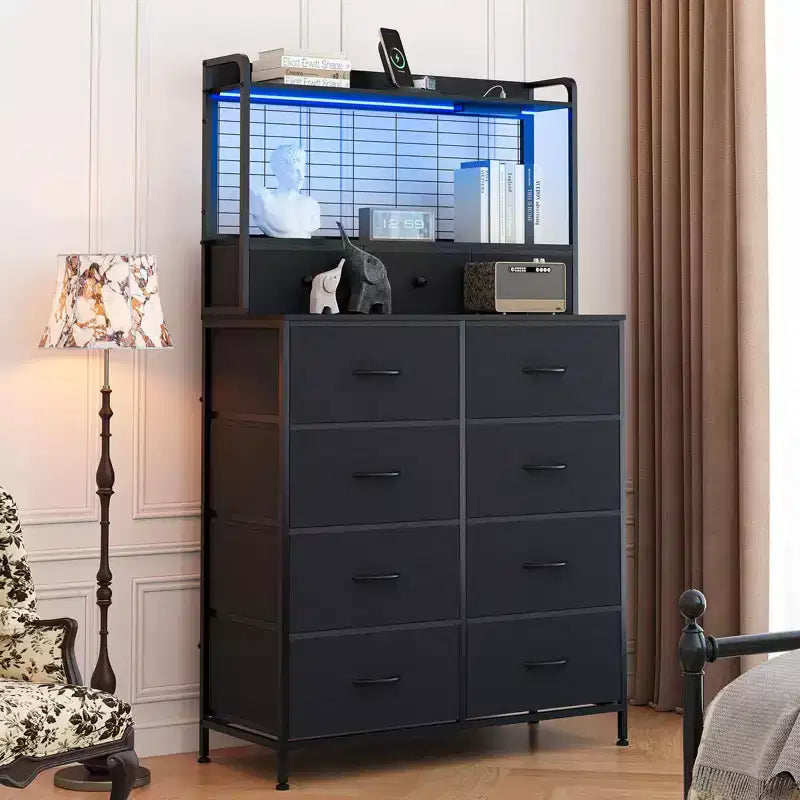 Dresser, Smart Dresser with 11 Fabric Drawers, Built-in Charging Station & App-Controlled RGB , White Industrial