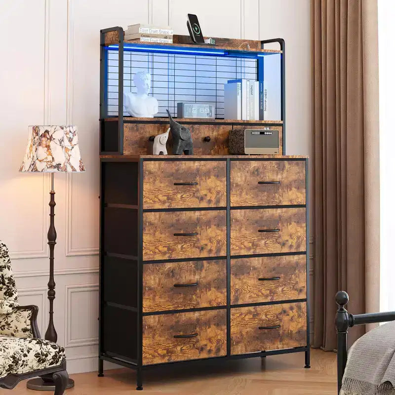 Commode, commode élégante avec 11 tiroirs en tissu, station de charge intégrée