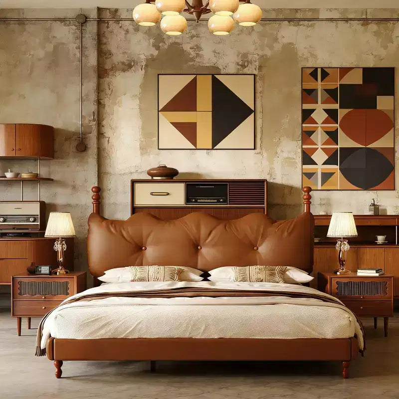 Queen/King Bed Frame PU Leather Platform Bed with Button-Tufted Wave Headboard, Mid-Century Modern & Vintage, Coffee - ModernLuxe
