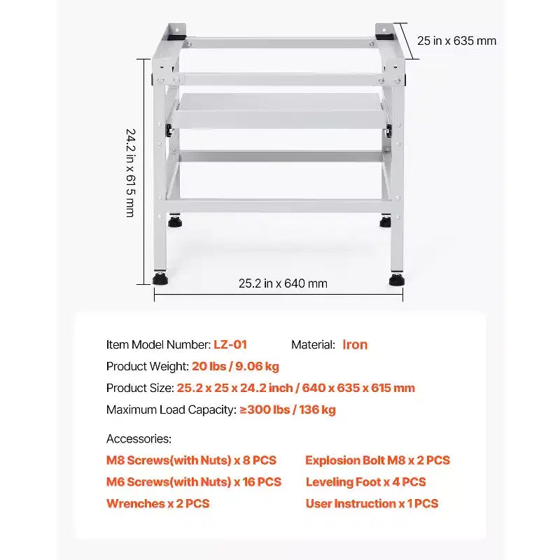 Pied de machine à laver, socle pour lave-linge de 123 x 63,5 cm, capacité de charge de 267 kg
