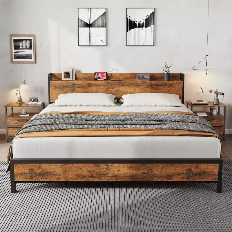 King Size Bed Frame with Storage Headboard, Industrial King Bed Platform, No Box Spring Needed Easy Assemble Mattress Foundation - Rustic Brown