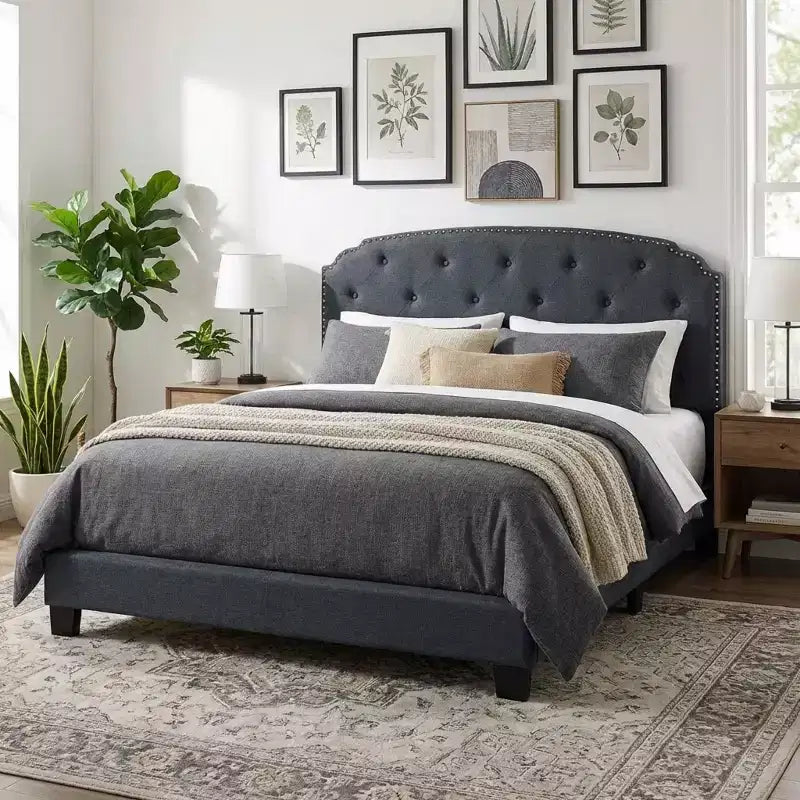 GDFStudio Everett European Classic Burlap Upholstered Platform Bed Frame with Button Tufted Nailhead Trim Headboard