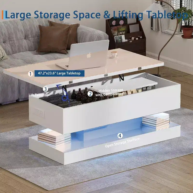Table basse relevable avec éclairage LED, finition brillante, rangement contrôlé par application