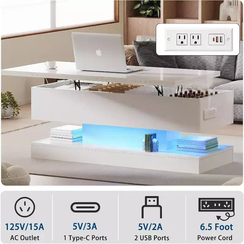 Table basse relevable avec éclairage LED, finition brillante, rangement contrôlé par application
