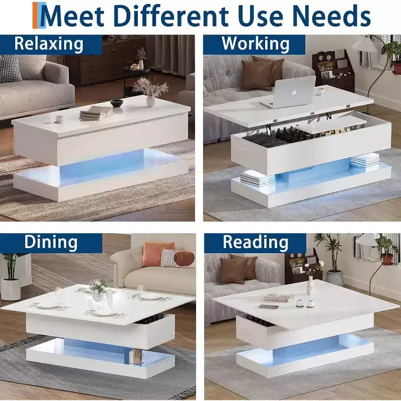 Table basse relevable avec éclairage LED, finition brillante, rangement contrôlé par application