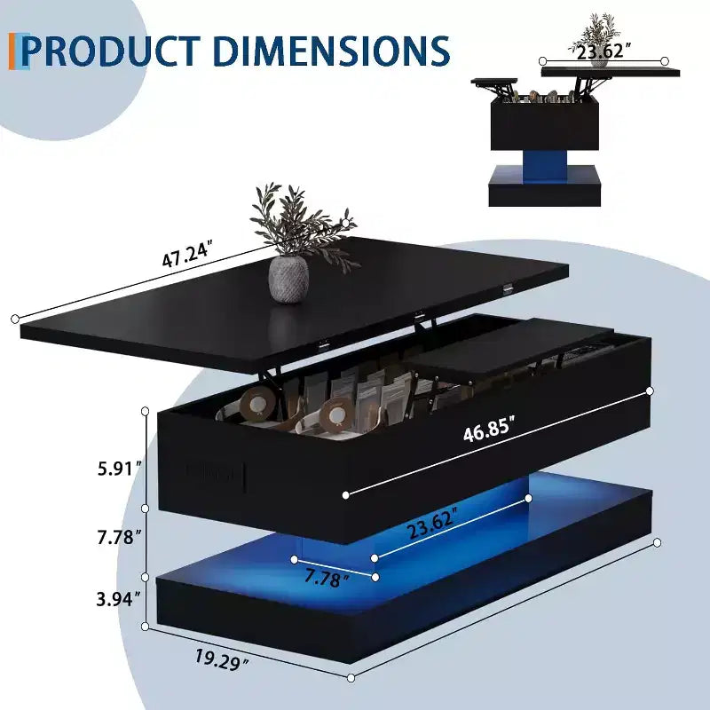 Table basse relevable avec éclairage LED, finition brillante, rangement contrôlé par application