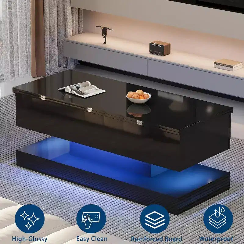 Table basse relevable avec éclairage LED, finition brillante, rangement contrôlé par application