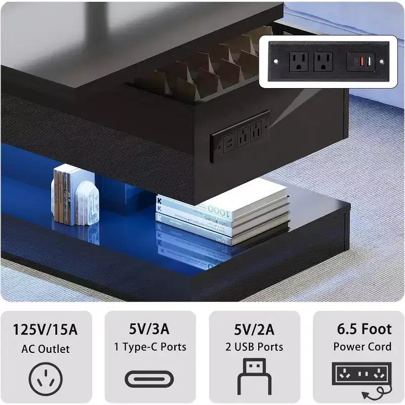 Table basse relevable avec éclairage LED, finition brillante, rangement contrôlé par application
