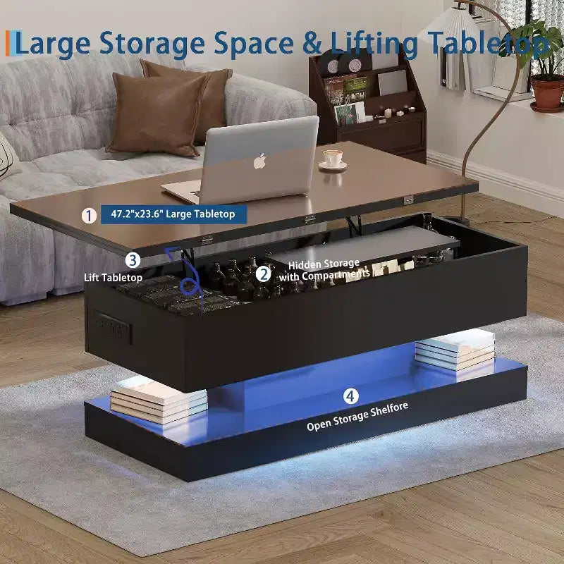 Table basse relevable avec éclairage LED, finition brillante, rangement contrôlé par application