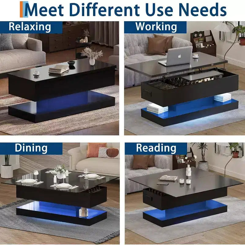 Table basse relevable avec éclairage LED, finition brillante, rangement contrôlé par application