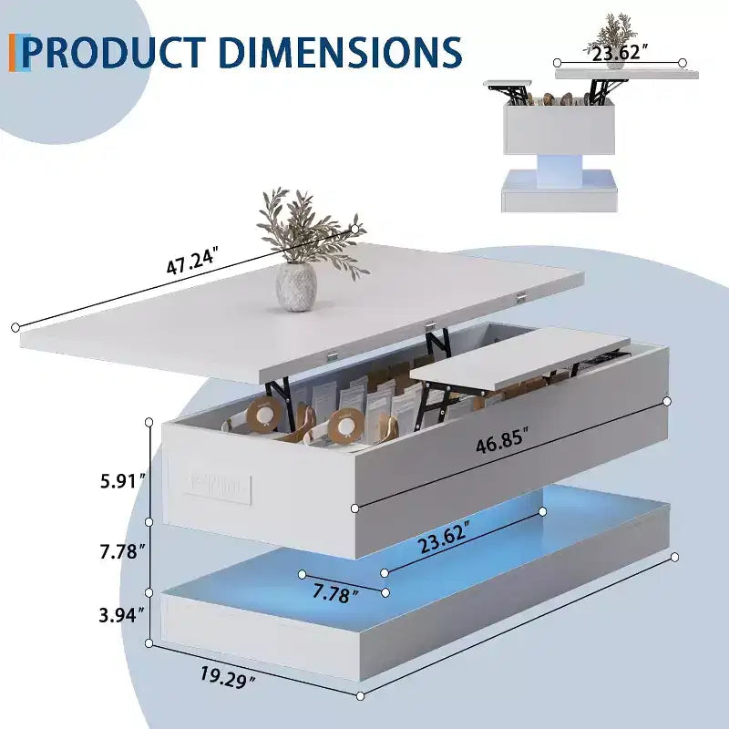 Table basse relevable avec éclairage LED, finition brillante, rangement contrôlé par application