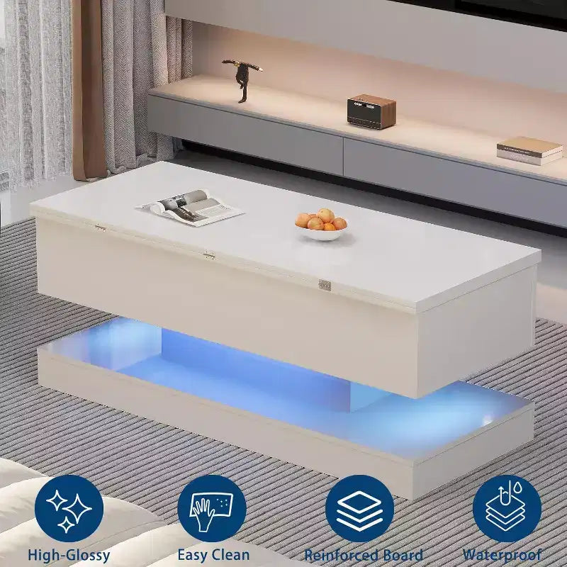 Table basse relevable avec éclairage LED, finition brillante, rangement contrôlé par application