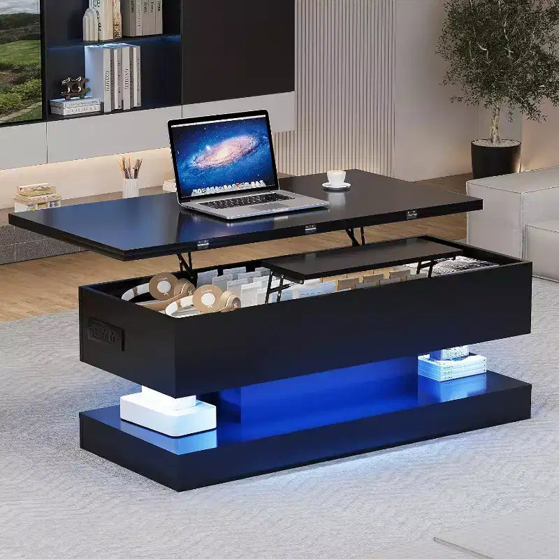 Lift Top Coffee Table with LED Lighting, High Gloss Finish, APP Controlled Storage, Adjustable & Convertible, Modern Dining Table for Living Room