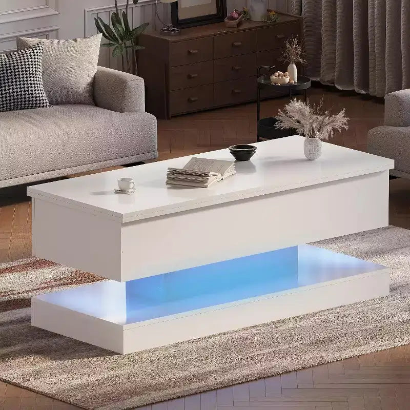 Table basse relevable avec éclairage LED, finition brillante, rangement contrôlé par application