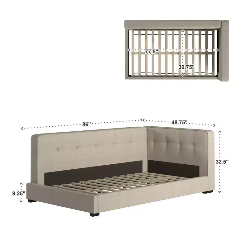 Lit plateforme rembourré en tissu gris