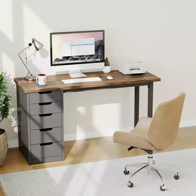 47 Inch Computer Desk with 5 Storage Drawers, Reversible Modern Rustic Study Writing Table, Home Office Workstation for Small Spaces