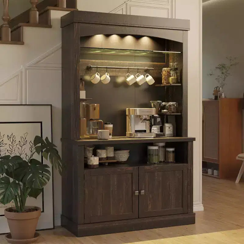 Meuble de bar à café de 72 po avec éclairage DEL - Buffet haut avec casier à vin