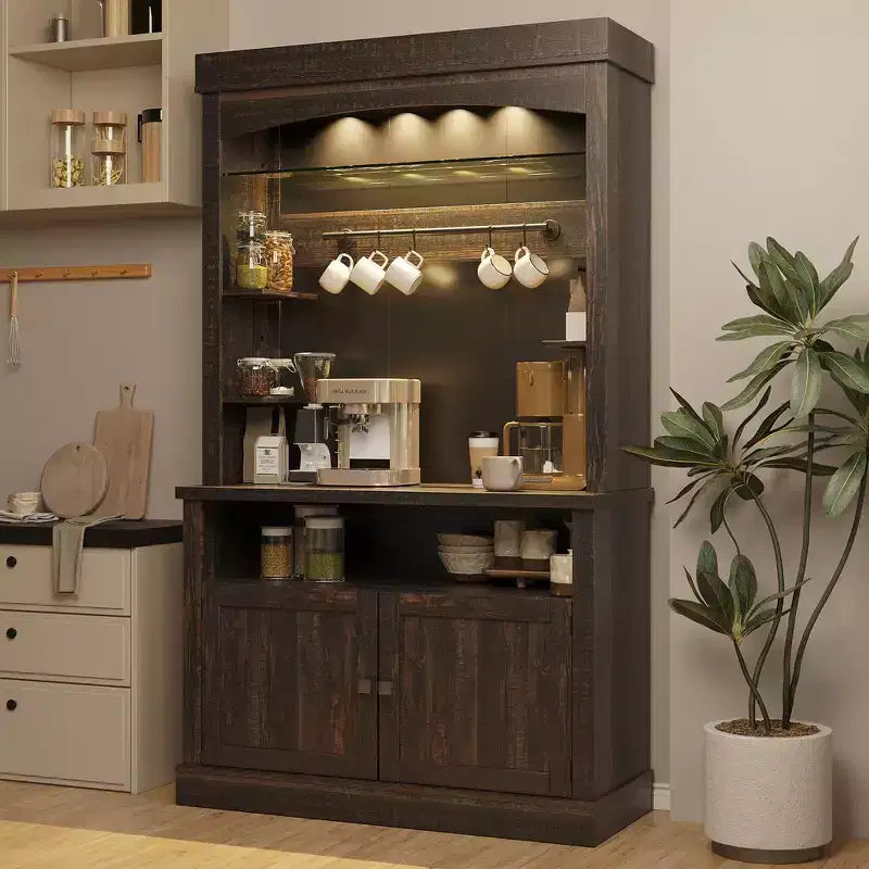 Meuble de bar à café de 72 po avec éclairage DEL - Buffet haut avec casier à vin