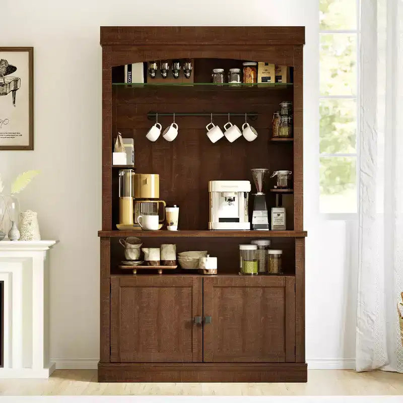 Meuble de bar à café de 72 po avec éclairage DEL - Buffet haut avec casier à vin